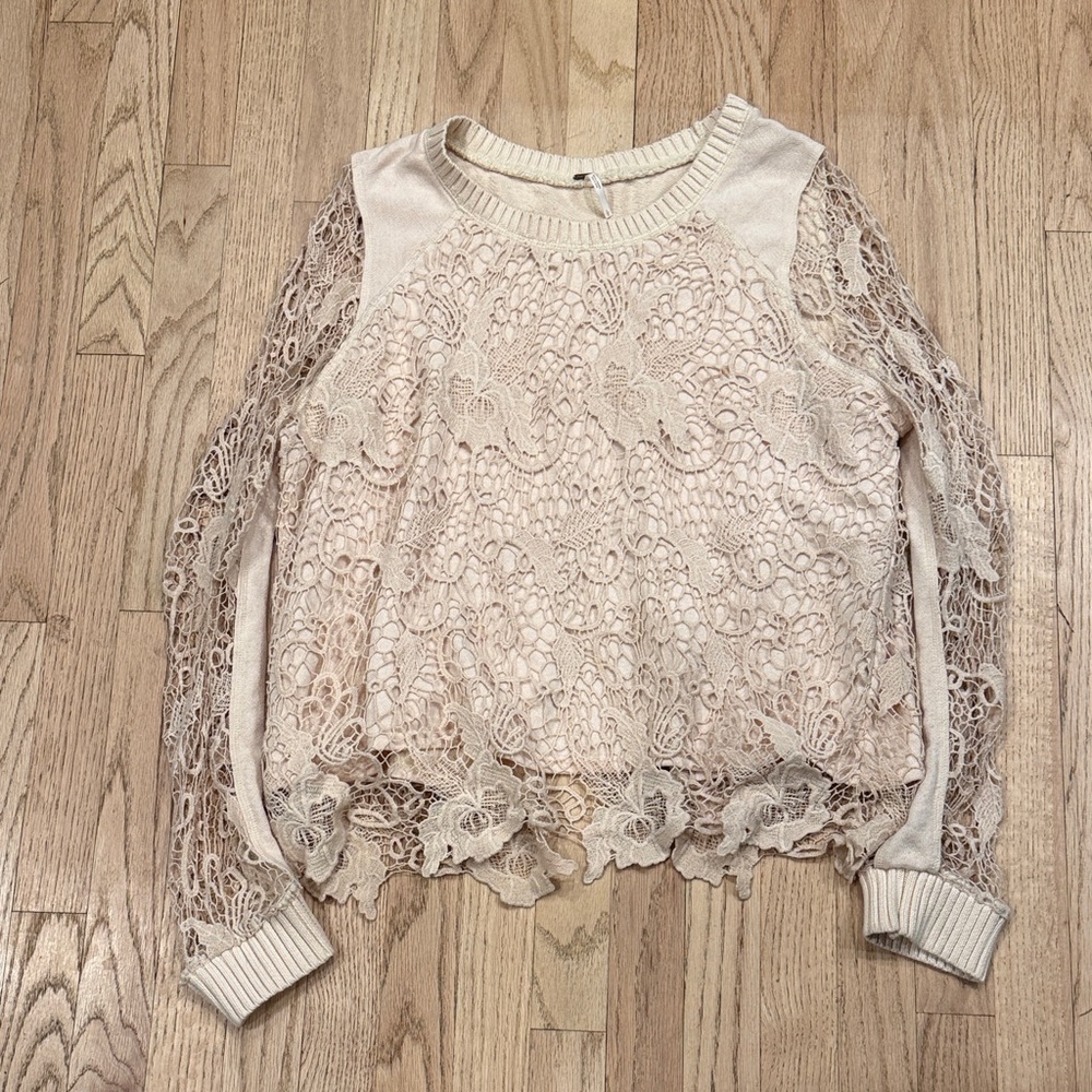 Free People Lace Overlay Sweater in Blush Cream